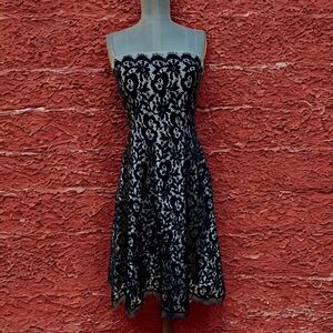 Tessuto Black Floral Lace Midi Dress Size 10 Nude Underlay Elegant Cocktail